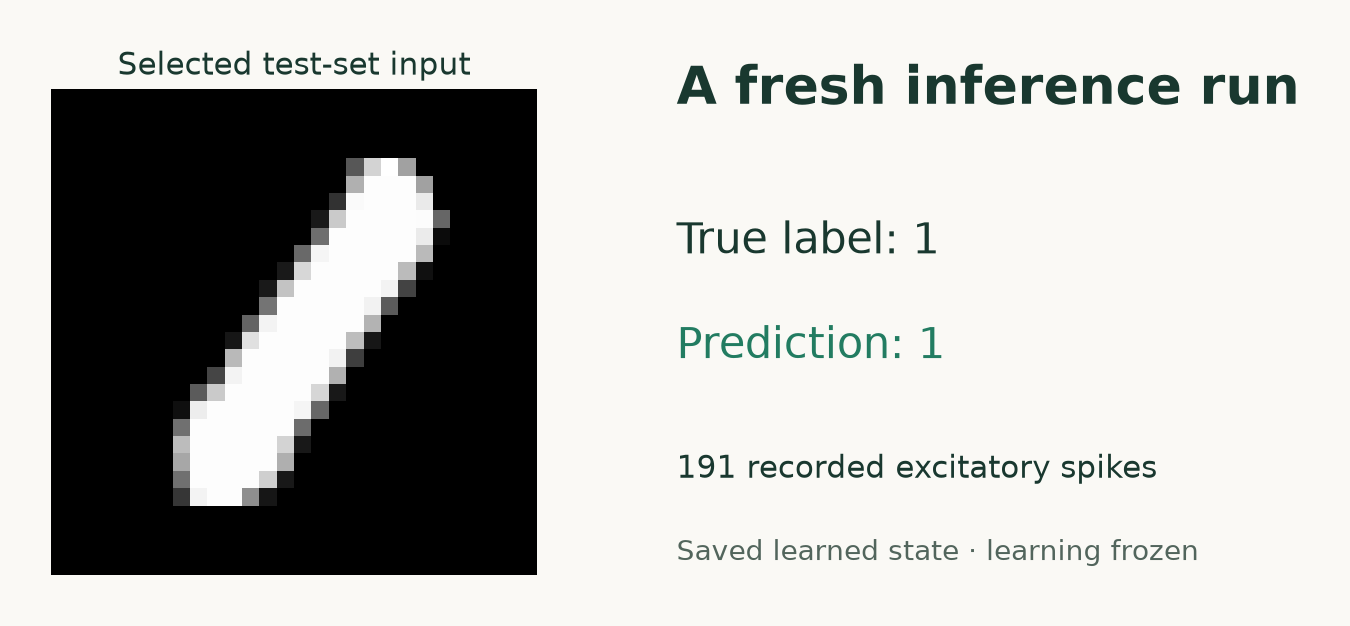 An actual held-out MNIST input and the saved model's prediction from a fresh inference execution.